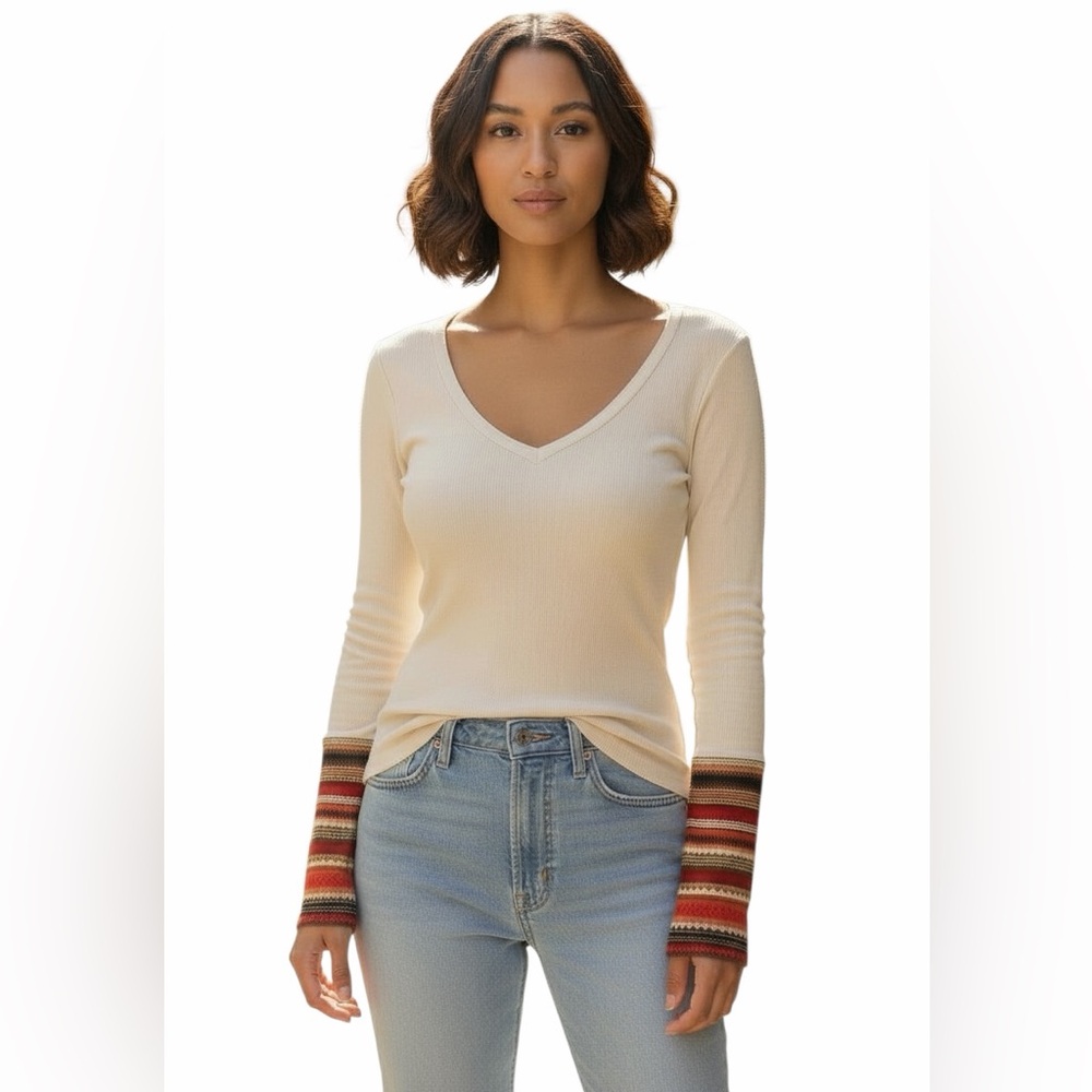DREW Waffle Boho Crochet Long Sleeve V-Neck Top Size Small